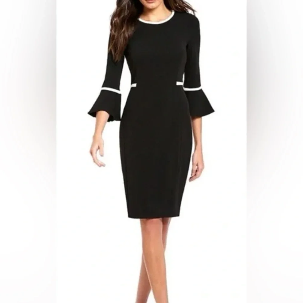 Calvin Klein Black Dress with Bell Sleeve and white piping detail, size 6 - Picture 2 of 8
